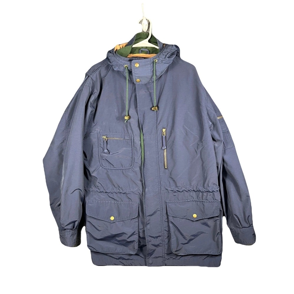 VTG Eddie Bauer Mens Navy Blue Hooded Parka Jacket Multi Pocket Drawstring Waist